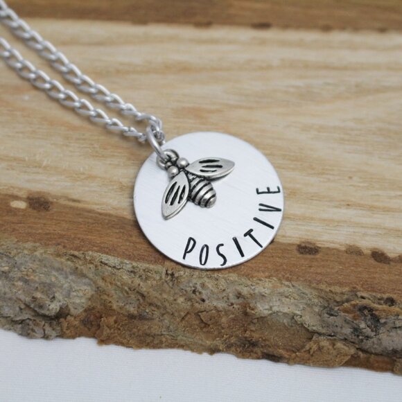 Bee Positive - Hand Stamped Pendant Necklace - 18" Chain - Handmade - Picture 1 of 6